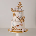 2 tier longevity birthday cake with hand painted cranes, edible cherry blossoms and fondant peaches (shou tao)