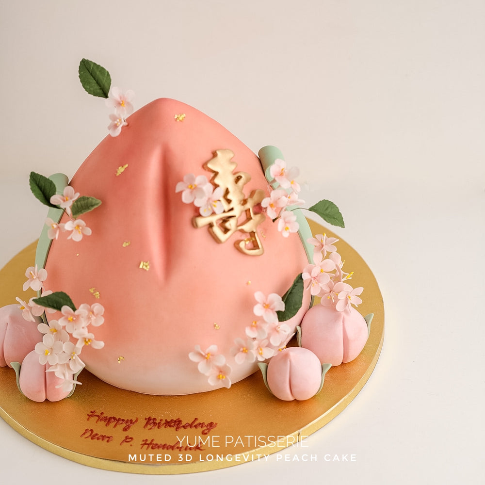 Light pink gradient muted 3D Longevity Peach Cake (Shou Tao cake) with edible sugar plum blossoms and mini fondant peaches