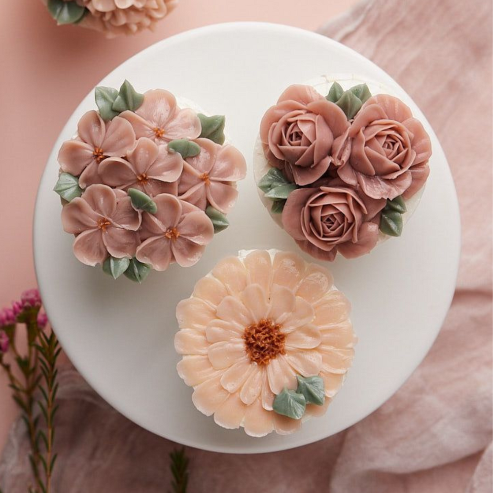 Three cupcakes, one in light pink, one in blush and one in a darker shade of pink. The cupcakes have assorted buttercream flowers on them, and look incredibly realistic 