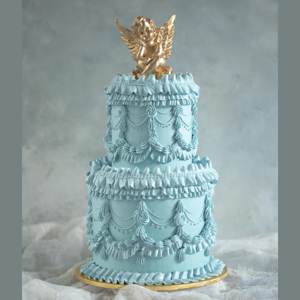 Two Tier Freestyle Vintage Baroque Style Buttercream Cake (Dusty Blue with Angel)