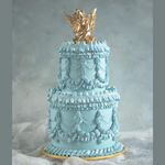 two tier baroque vintage buttercream birthday cake Singapore with gold chocolate angel topper