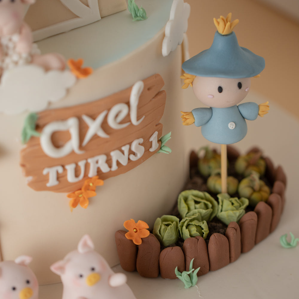 
                  
                    Load image into Gallery viewer, A close up on a fondant scarecrow standing in a cabbage and pumpkin patch. The scarecrow has a blue hat and clothes. Next to the scarecrow in the middle of the cake there is a brown fondant &amp;quot;wood&amp;quot; sign board. It says &amp;quot;Axel turns 1&amp;quot;.
                  
                