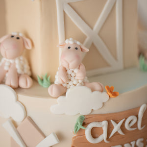 
                  
                    Load image into Gallery viewer, Close up on the fondant sheeps. They have white wool and are sitting down. They are incredibly cute.
                  
                