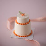 A mini 2 tier white wedding cake. The cake has orange scalloped piping for a contrast, and a mini edible wafer flower on top in orange. The cake is small but beautiful, and incredibly intricate.