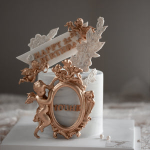 
                  
                    Load image into Gallery viewer, Baroque inspired marble fondant birthday cake Singapore with angel cherub fondant topper
                  
                