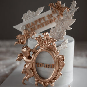 
                  
                    Load image into Gallery viewer, Baroque inspired marble fondant birthday cake Singapore with angel cherub fondant topper
                  
                