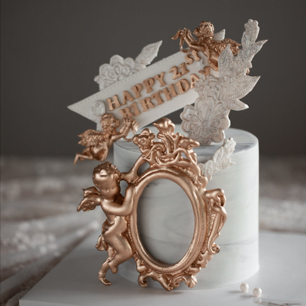 Baroque inspired marble fondant birthday cake Singapore with angel cherub fondant topper