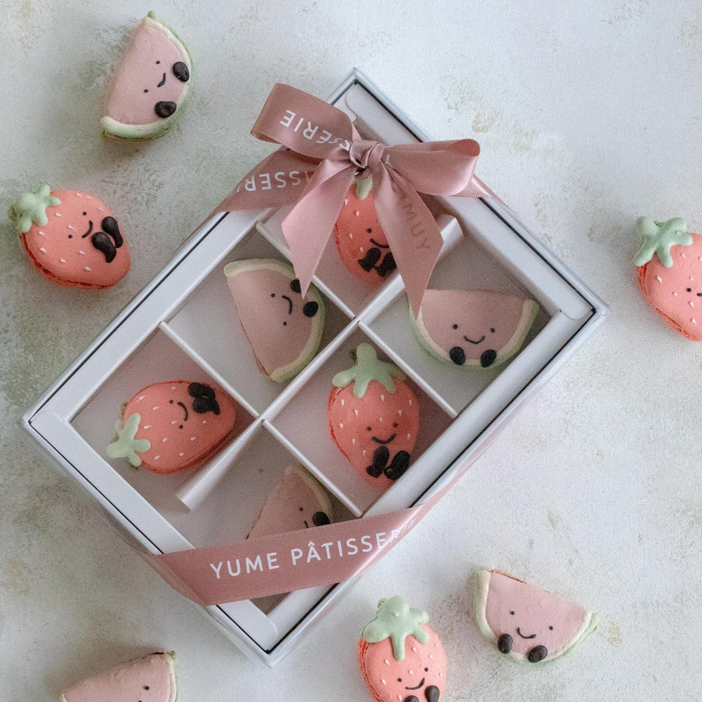 A white box with a transparent window. Inside the box there are assorted macarons that look like jellycat watermelon and strawberry plushies. The macarons are super cute.