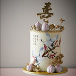 Hand painted crane longevity birthday cake Singapore with fondant peach and shoutou