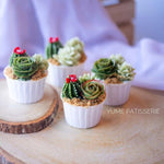 A cupcake that has hand piped buttercream cacti and succulents. They are green in colour with dark pink highlights, and look very realistic