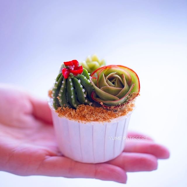A cupcake that has hand piped buttercream cacti and succulents. They are green in colour with dark pink highlights, and look very realistic 